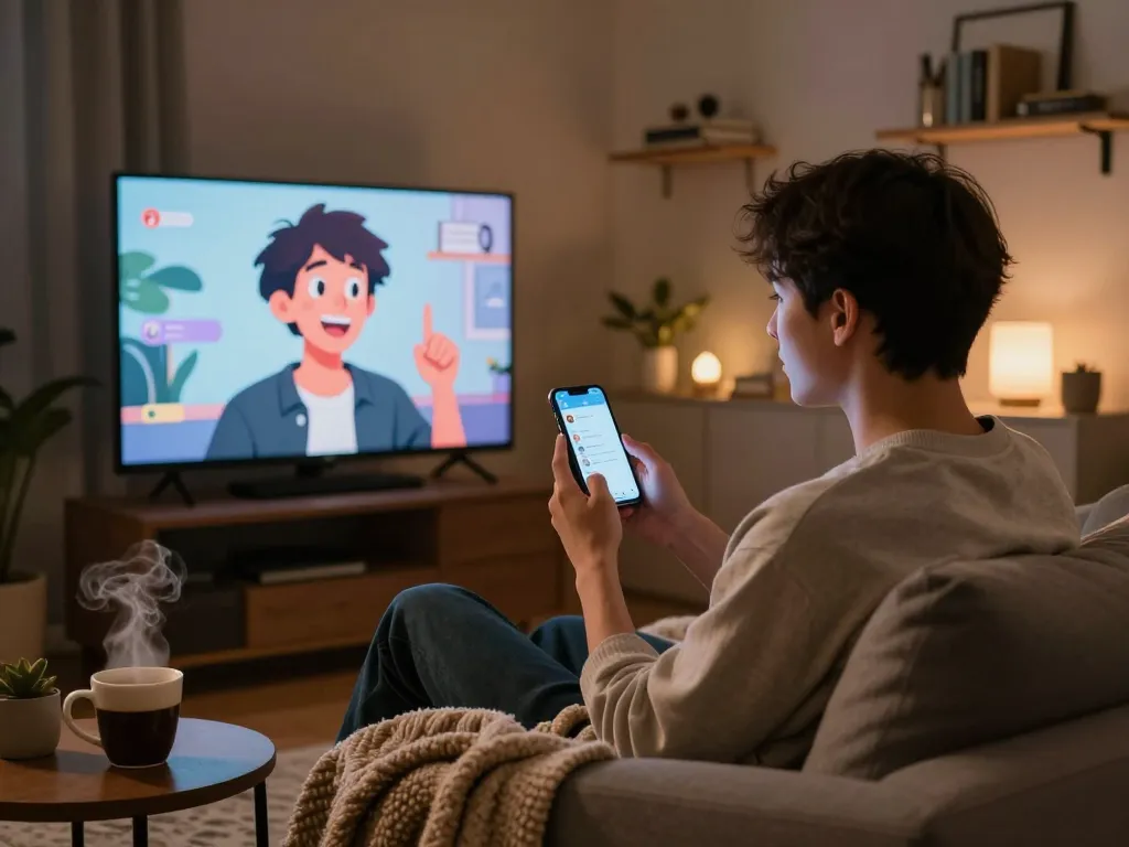 Engaging porn ai chat scene in a cozy living room with a user and virtual character interaction.
