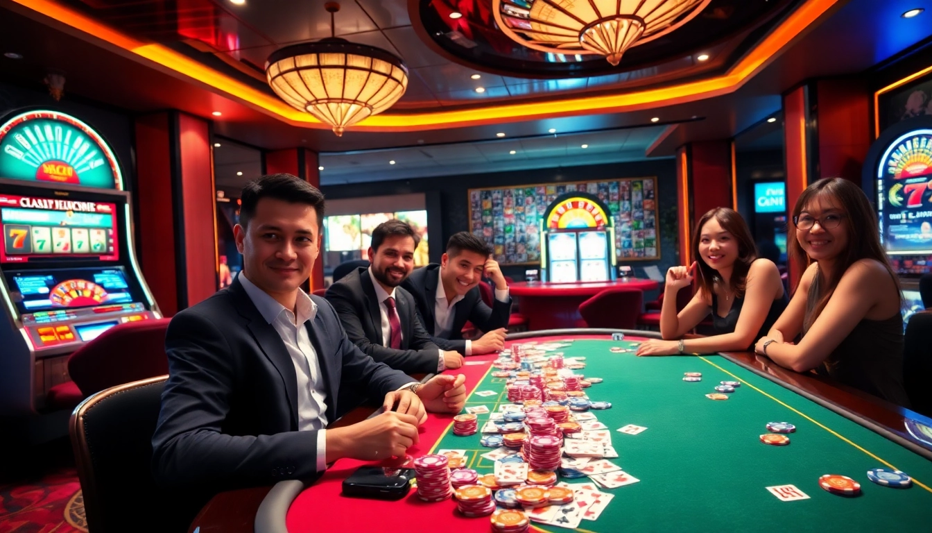 Players enjoying a thrilling game at https://bem88.com casino with vibrant table and chips.