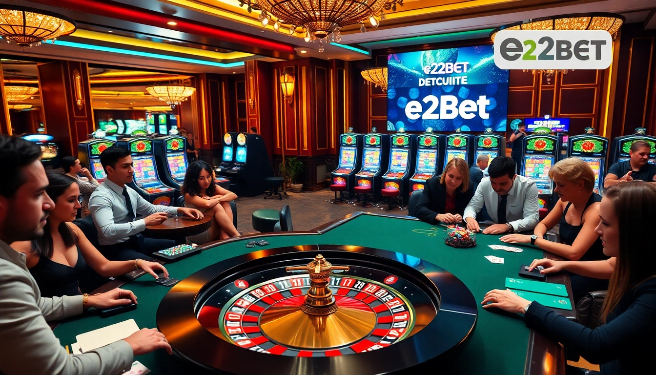 E2bet players engaging in thrilling casino games at a luxurious roulette table.
