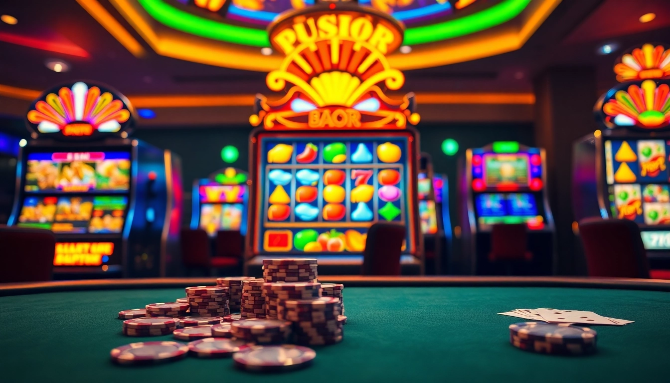 Experience the thrill of slot gacor with vibrant machines and a high-stakes poker table in a luxurious casino setting.