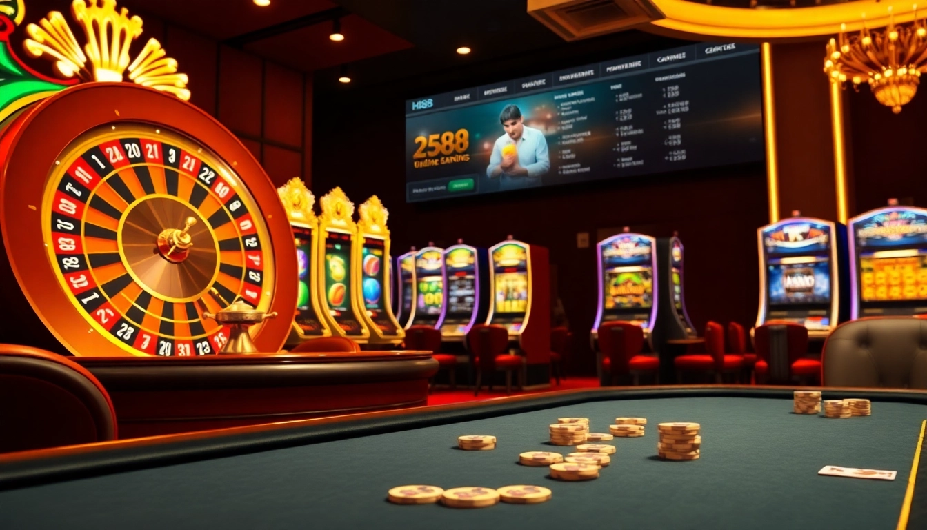 Players enjoying exciting Hi88 casino games with vibrant roulette wheels and slot machines.