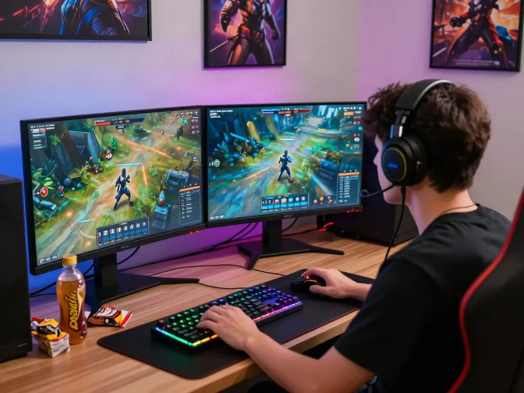 A person engaged in an intense akunjp online gaming session at a dual-screen setup with vibrant graphics.