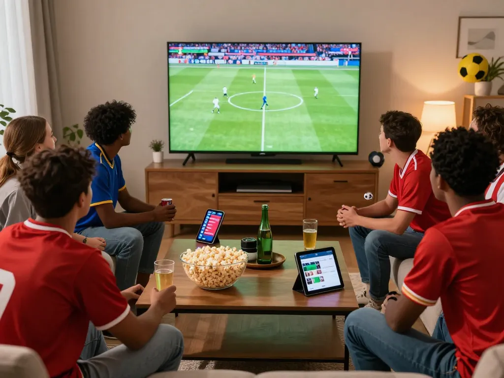 Socolivetv football streaming fun atmosphere with friends enjoying a match.