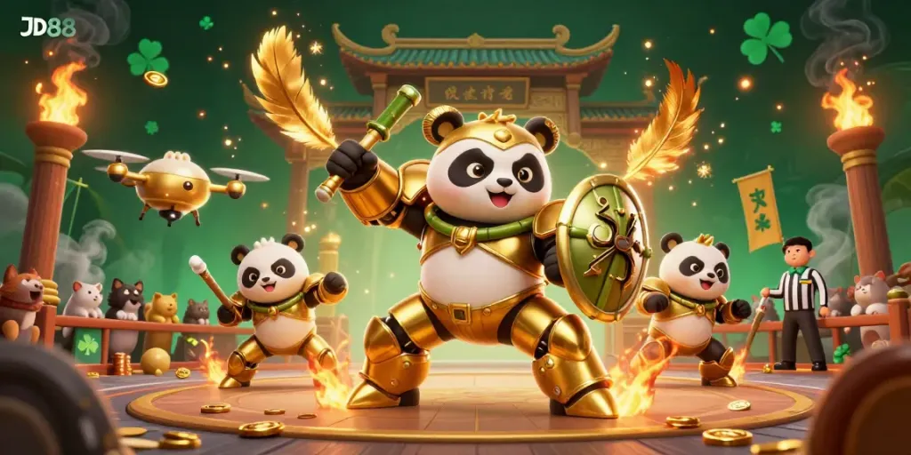 Engage with JD88's thrilling 3D casino action, featuring a mech-suit panda in an exciting gambling arena.