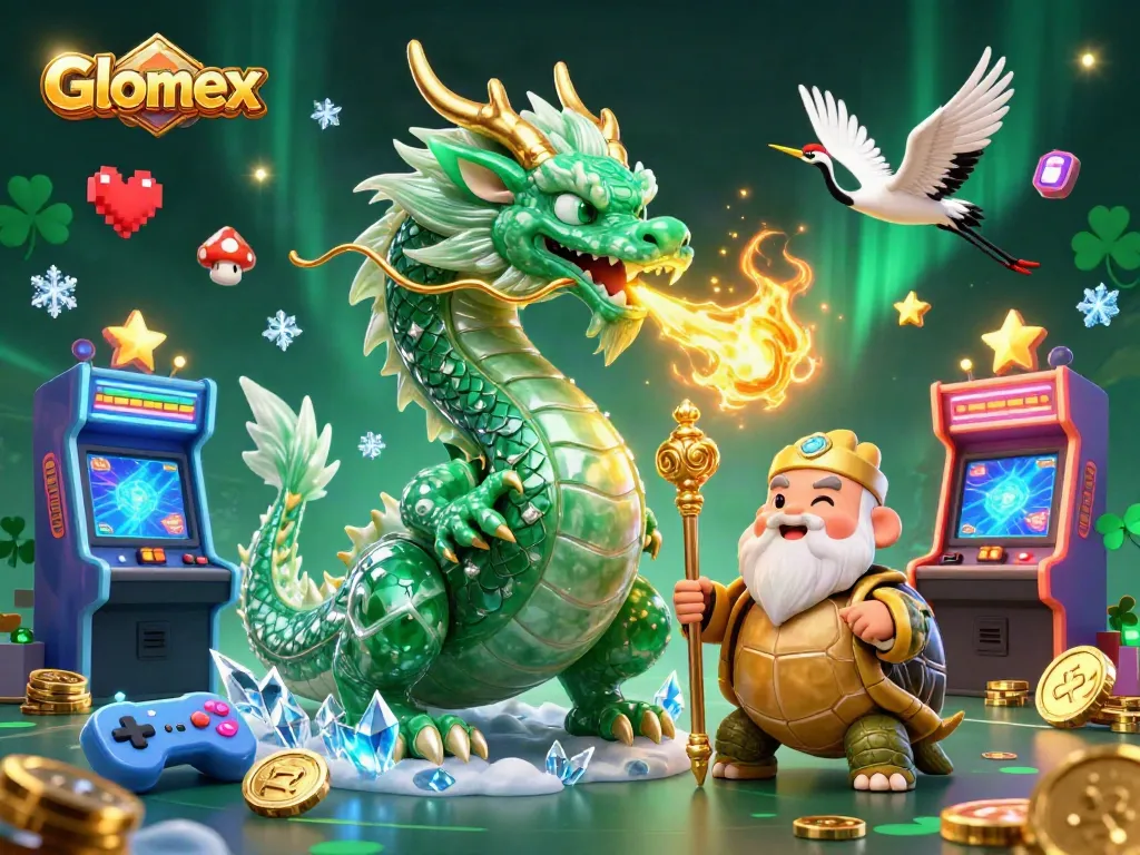 Glomex elevates the gaming experience with 3D visuals of jade dragon, turtle sage, and cranes.