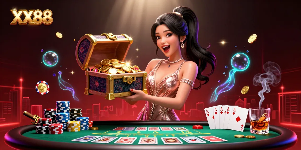 Experience thrilling wins at XX88 with a vibrant 3D casino scene showcasing poker excitement and luxury.
