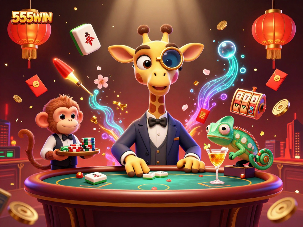 Engage with 555WIN's vibrant casino scene featuring exotic characters enjoying games and luck.