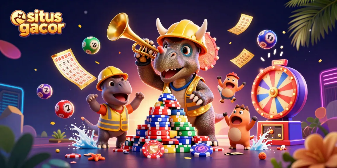 Experience situs gacor with vibrant arcade action featuring a triceratops and lottery elements.