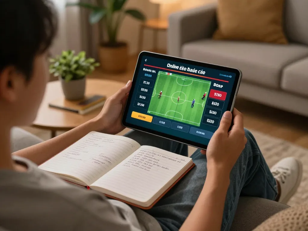 Placing bets on the kèo nhà cái from home tablet with strategic notes displayed.