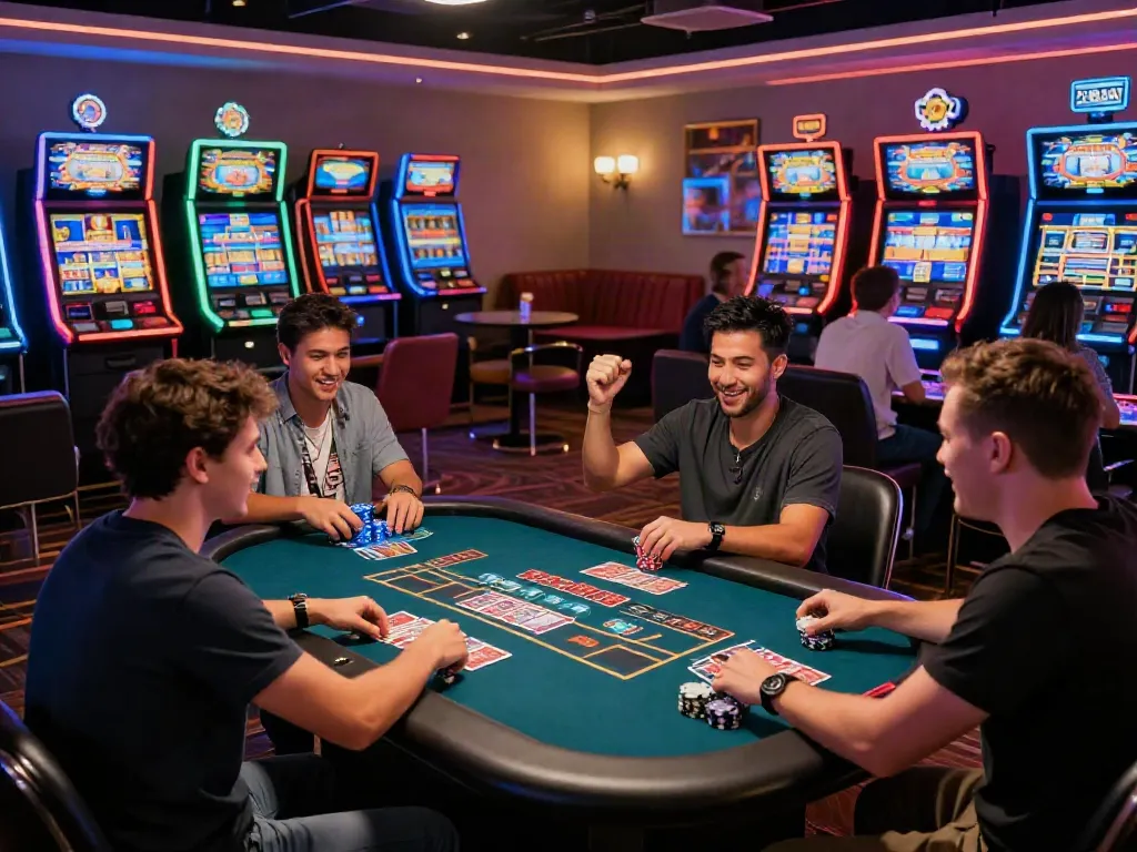 A lively gaming lounge scene with players enjoying akunjp slot machines under glowing neon lights, capturing the thrill of the gaming experience.
