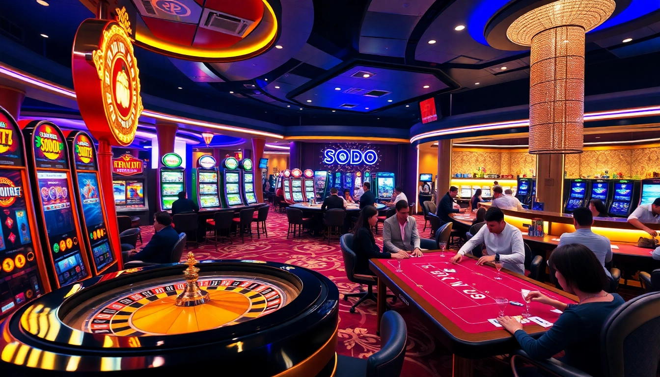 Experience the thrill of casino gaming at SODO with vibrant tables and slot machines.