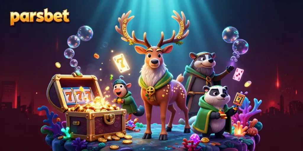 Parsbet ile renkli slot makineleri ve altın dolu hazine sandıkları arasındaki canlı 3D tasarım.