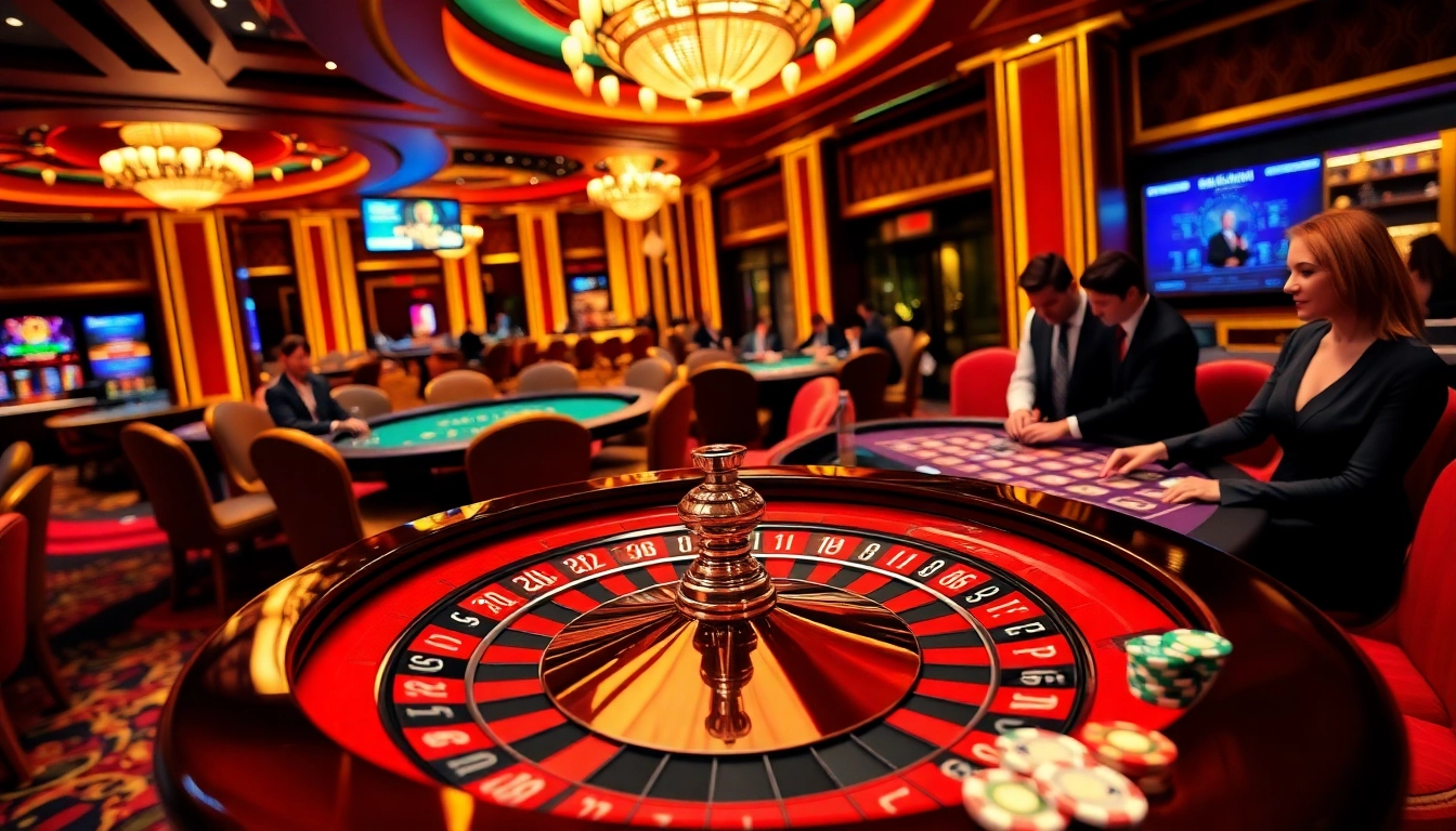 Players engaging in a high-stakes game at lv88's luxurious casino with vibrant decor and exciting roulette action.
