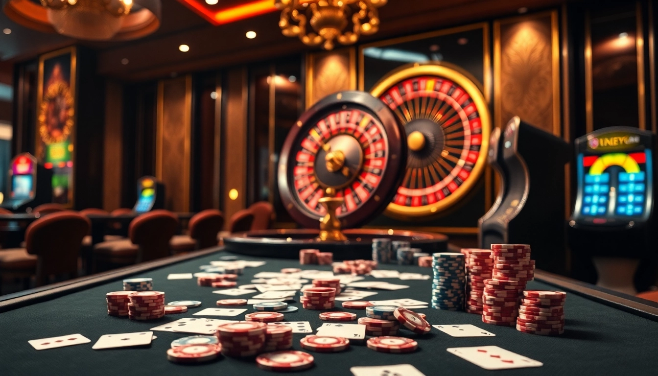 Experience the thrill of BDTK1 gaming with vibrant casino visuals featuring dice, cards, and slot machines.