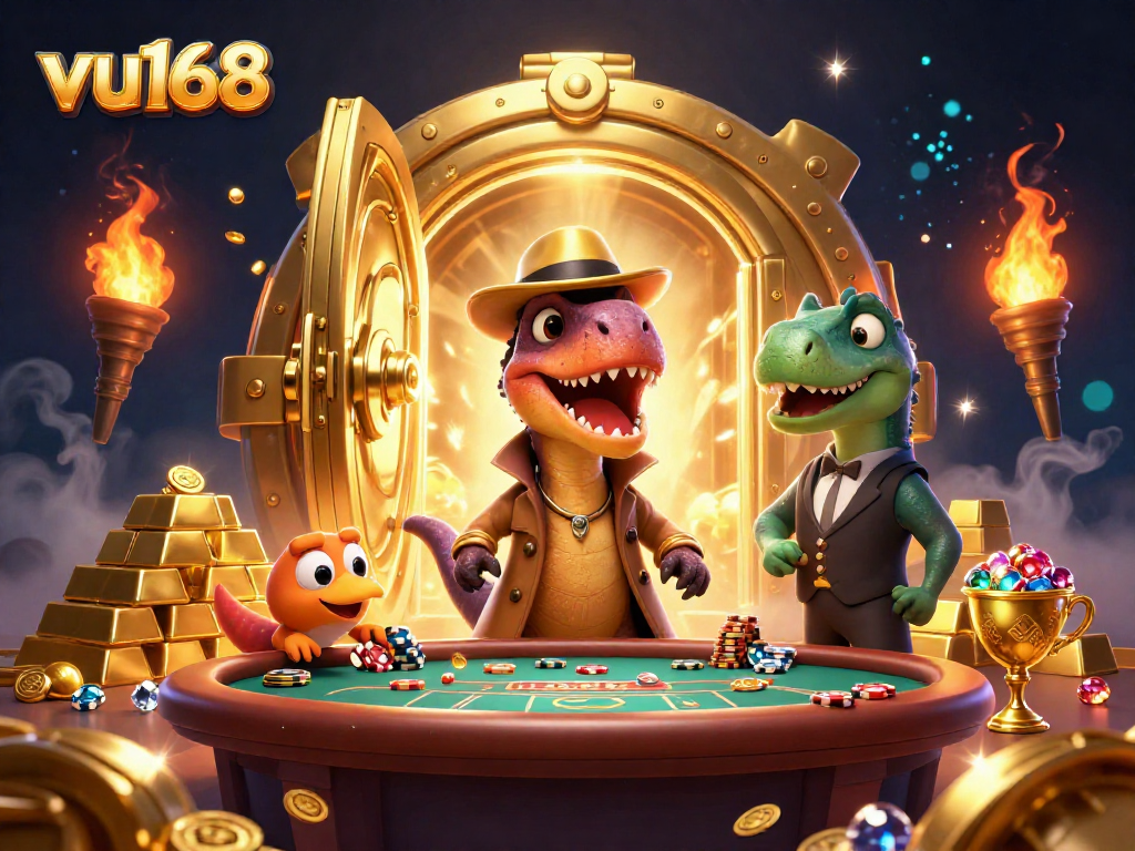vu168 card counter velociraptor tries to blend in at a blackjack table amidst gold treasures