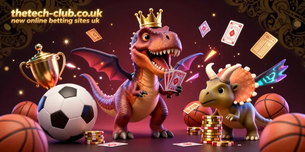 The T-Rex and friends enjoy cards and golden chips in a vibrant sports betting scene at thetech-club.co.uk new online betting sites uk.