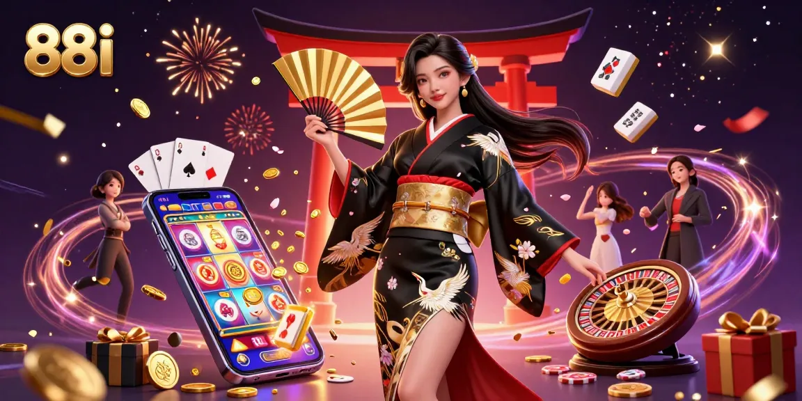 Play exciting games at 88i, featuring a captivating Asian woman in a dynamic casino atmosphere.