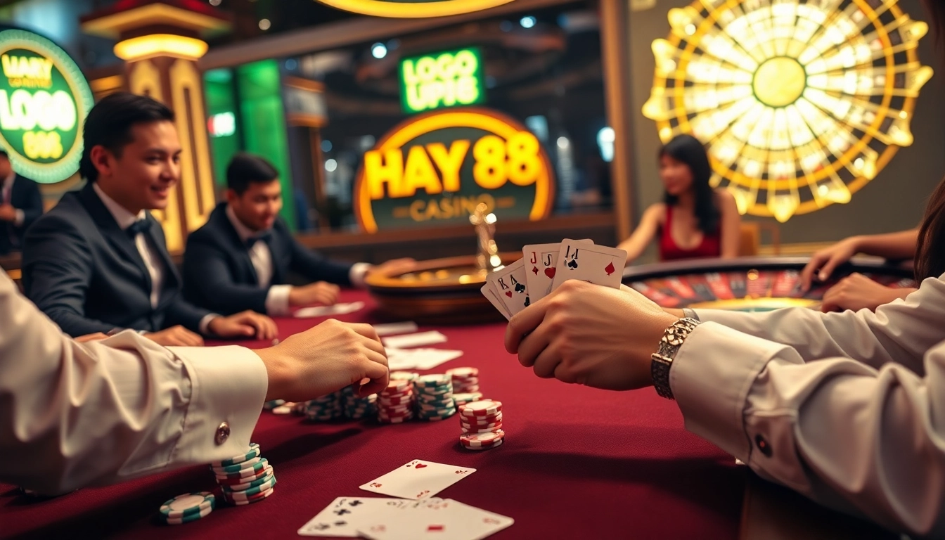 Excited players enjoying a game at Hay 88 casino table with vibrant poker chips and cards.
