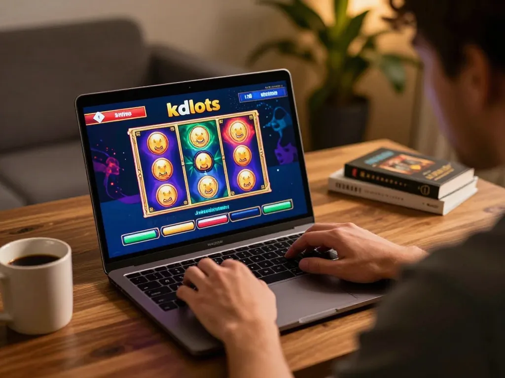 Engaging player exploring kdslots online gaming interface with colorful slot graphics.