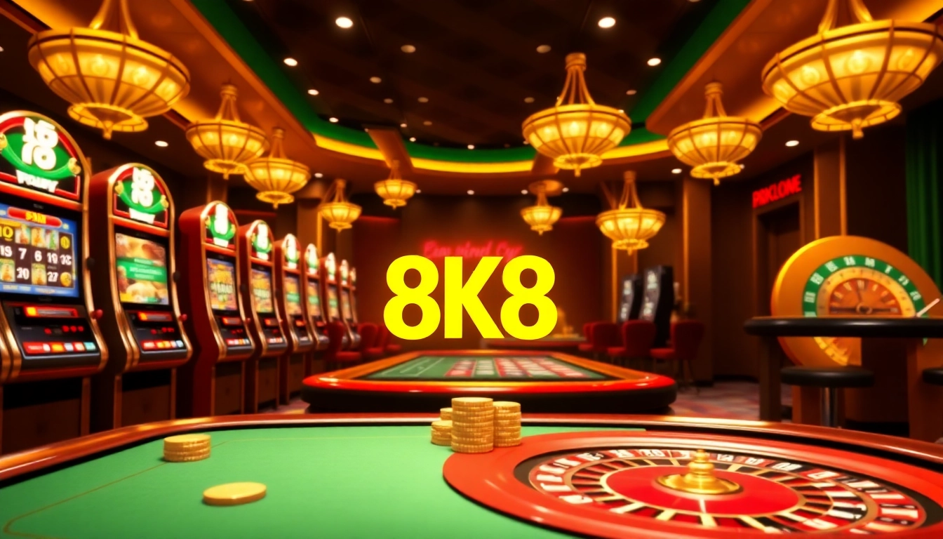 8K8 Casino showcases vibrant slot machines and poker tables in an elegant online gambling atmosphere.