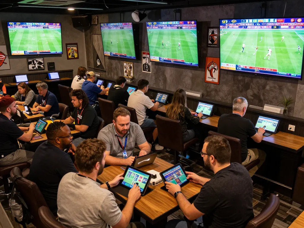 Excited sports fans place bets with fabet on mobile devices in a lively betting lounge.