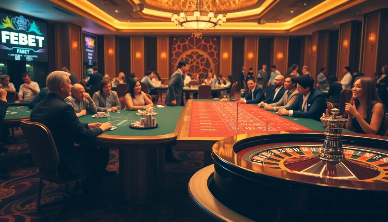 Action-packed casino scene featuring FEBET logo surrounded by poker chips and players.