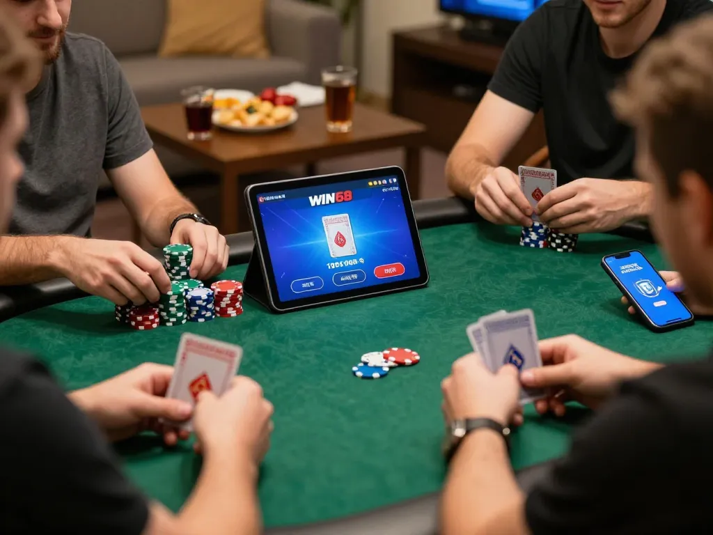 IWIN68 players strategizing in an engaging online poker game from home, showcasing tablet and smartphone gameplay.