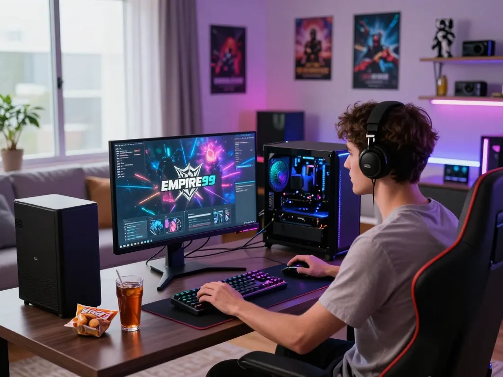Young adult setting up EMPIRE99 gaming installation in a vibrant living room.