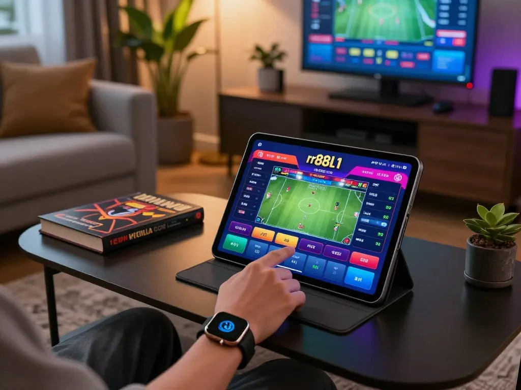 Person sports betting on rr88l1 com using tablet in stylish home setup.
