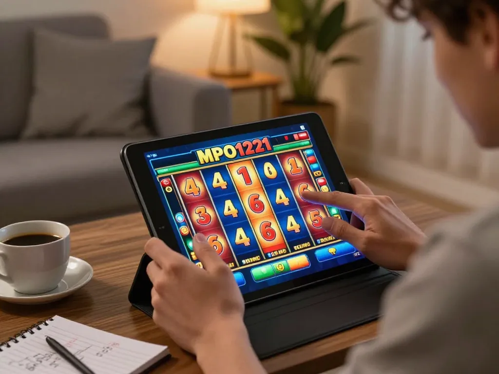 Pemain MPO1221 menikmati permainan slot online di tablet dalam setting rumah yang nyaman.