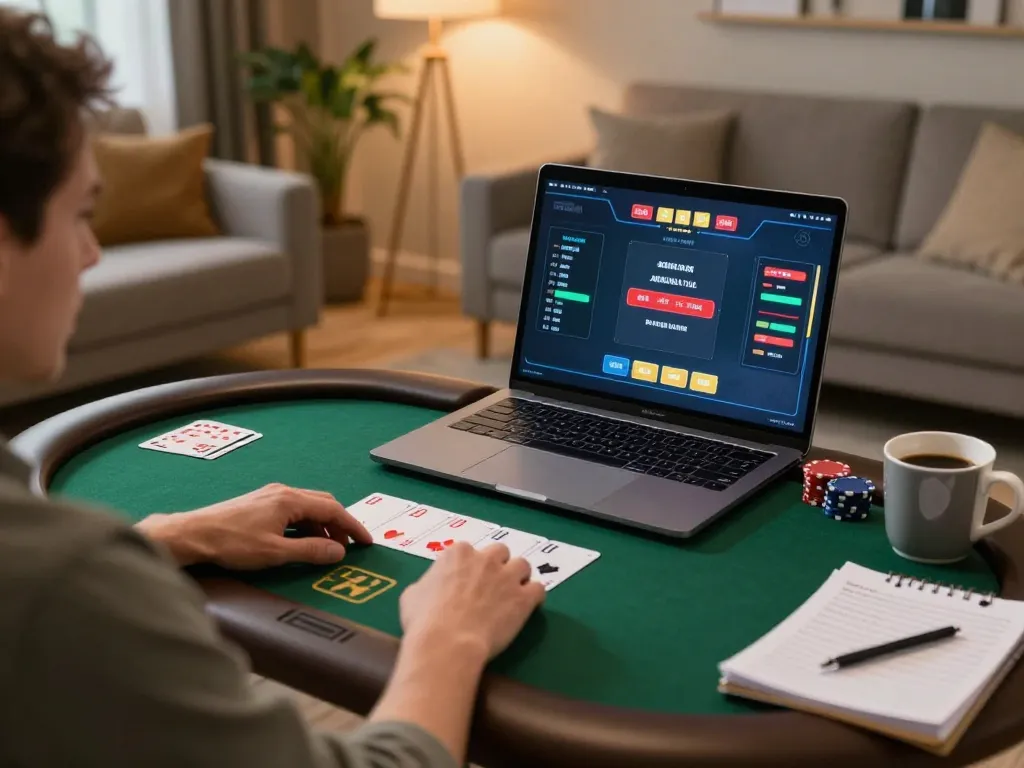 Player strategizing in an online poker game on DR88 platform with cozy home ambiance