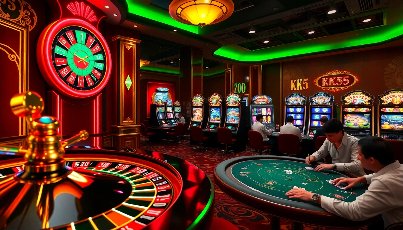 Players winning big at KK55 Casino with vibrant games and luxurious ambiance.