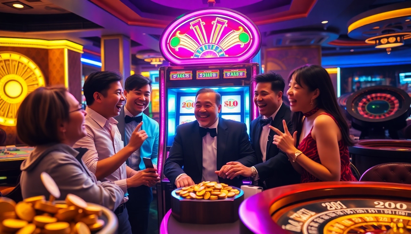 Pemain merayakan kemenangan besar di mesin slot gacor dalam suasana kasino yang cerah.