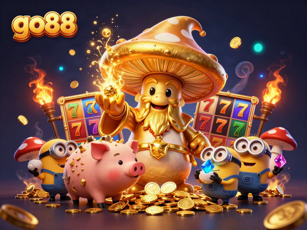 Experience thrilling casino gameplay with go88, featuring golden mushroom wizard and slot reels.