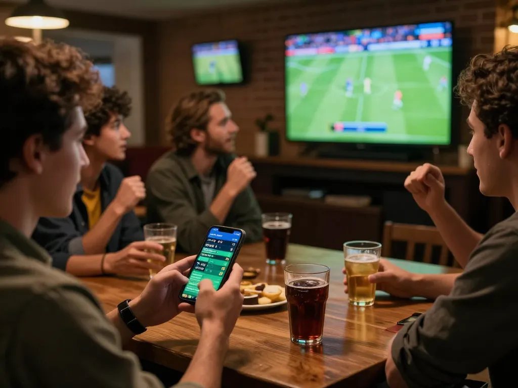 Keonhacai5 sports betting enthusiast placing bets on a smartphone while watching live football, creating an engaging atmosphere.