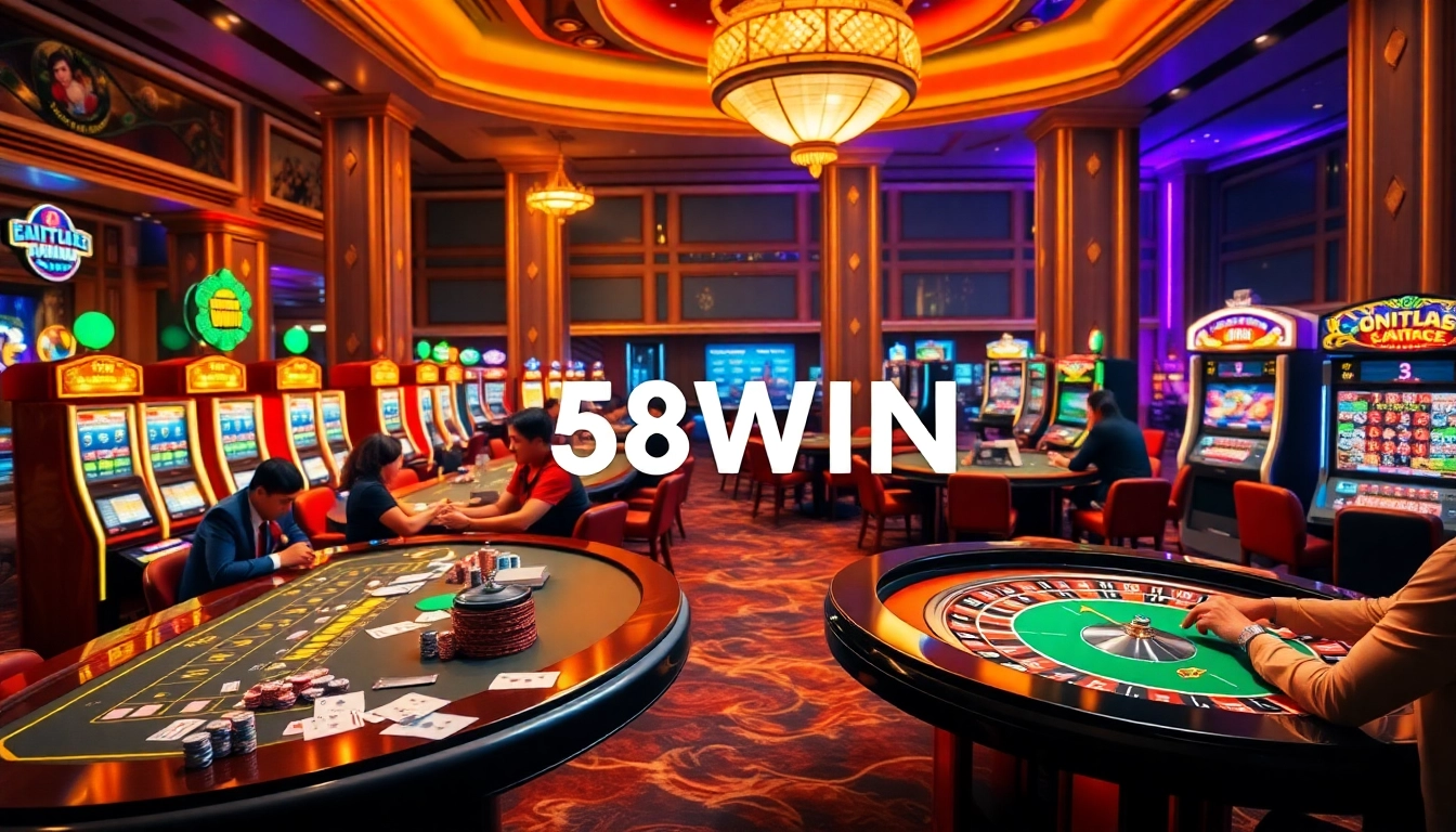 Players winning big at 58WIN casino tables surrounded by colorful slot machines and vibrant lights