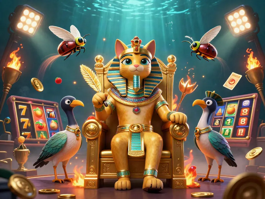 SLOTGEMBIRA showcases a vibrant gaming scene with a pharaoh cat and scribe, surrounded by slot reels and golden trophies