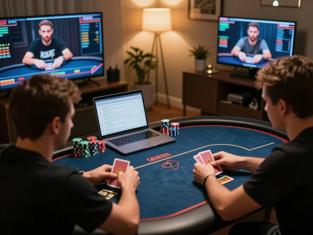 Engaging online poker scene showcasing Pragmati Play strategy in a cozy home gaming setup.