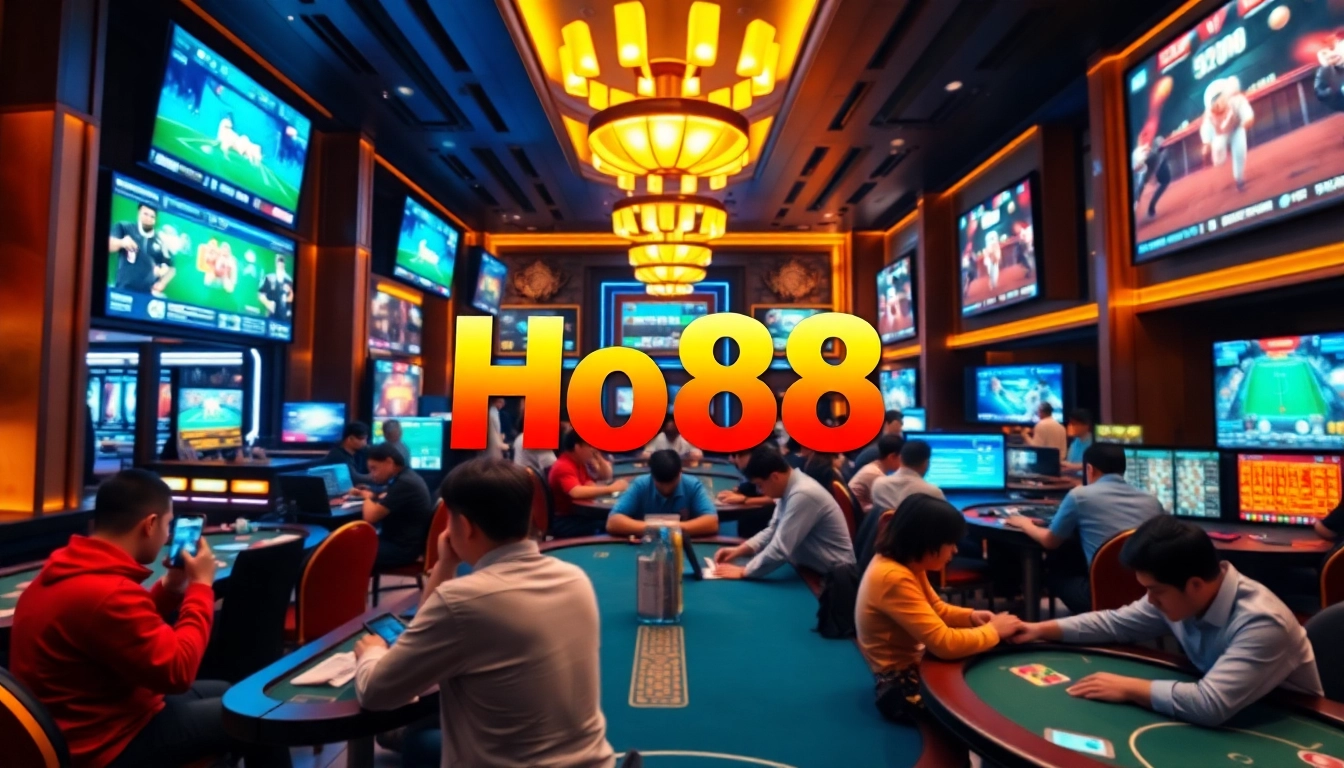 Vibrant online gambling scene with players engaging in Ho88 logo themed games, showcasing excitement and trust.