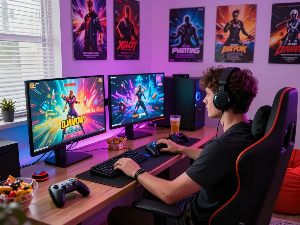 Exciting gaming scene featuring a player immersed in multiple porn games.