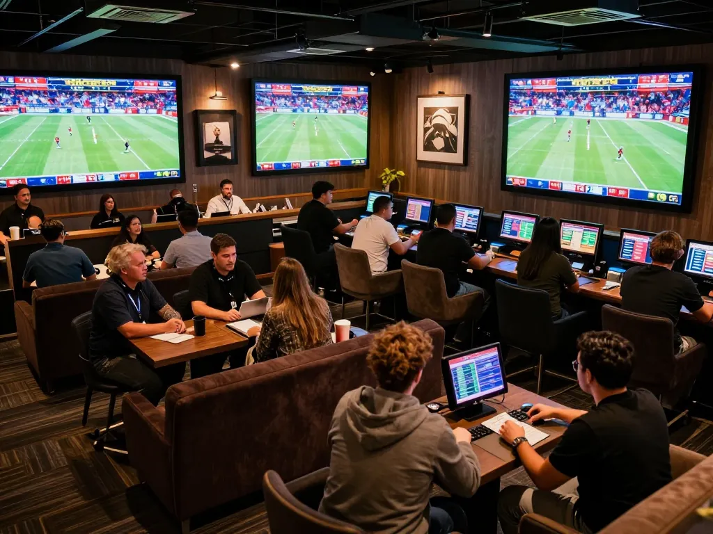 Fans placing bets on LV88 sports events in a vibrant lounge with screens displaying live matches