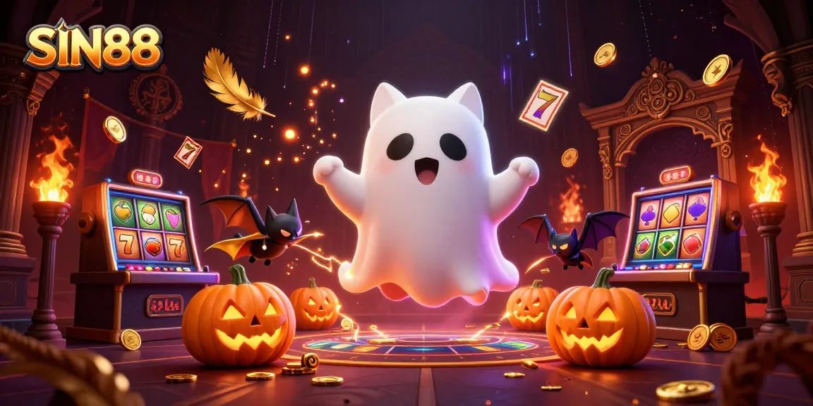 SIN88 casino scene featuring a ghost cat, vampire bat, and jack-o-lanterns amidst slot machines.