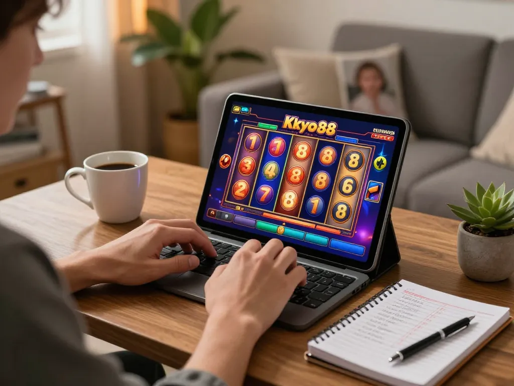 Pemain menikmati permainan slot tokyo88 di tablet dalam suasana ruang tamu yang nyaman