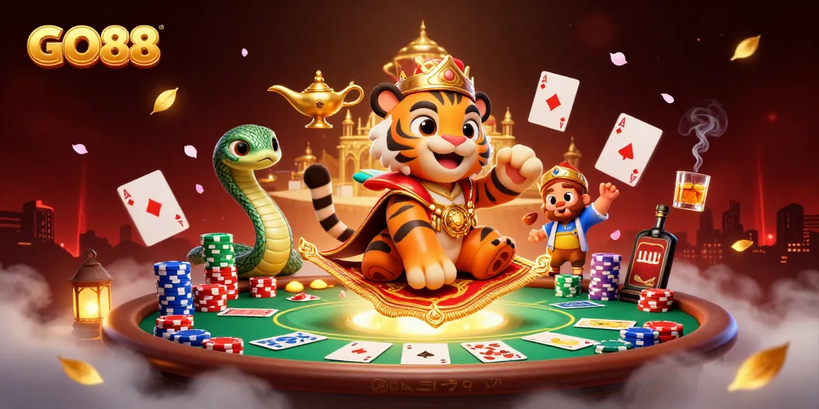 Experience exciting gaming with GO88 featuring a magical tiger sultan and vibrant casino elements.