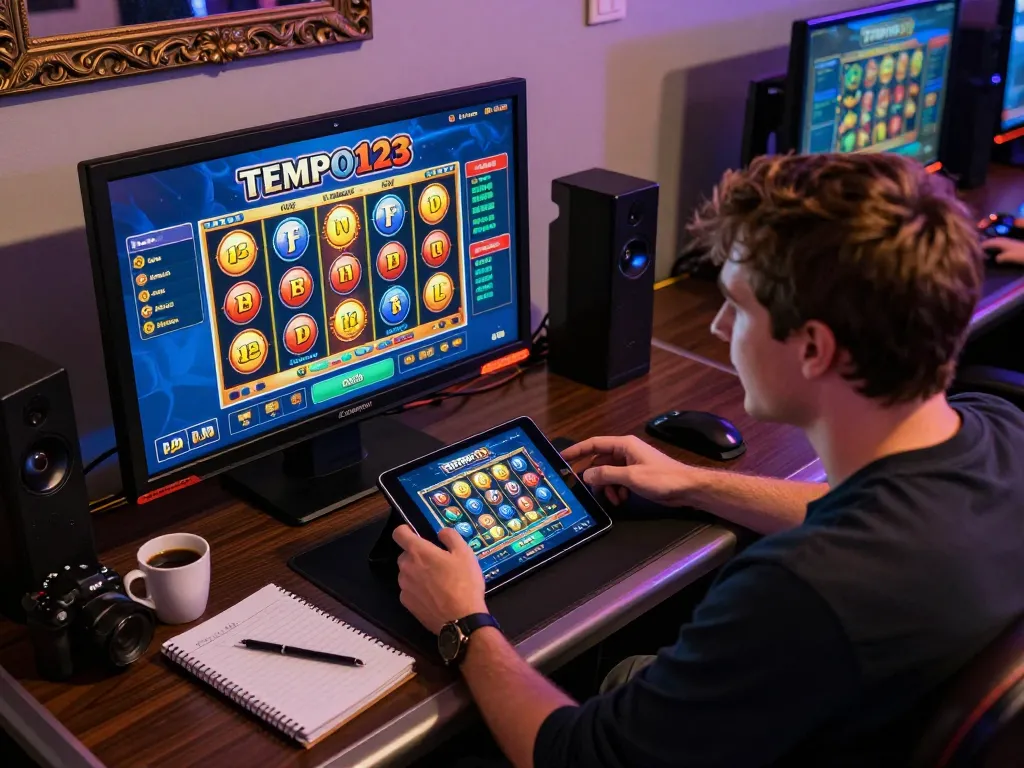 Engaging with Tempo123 Slot online gameplay on tablet, cozy gaming setup.