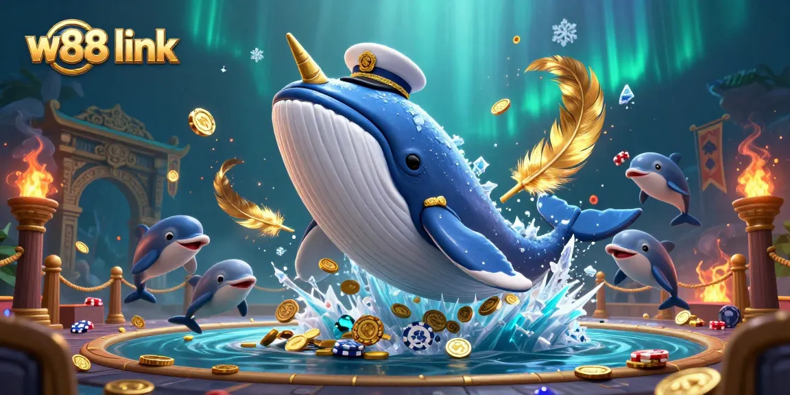Engage with the excitement of w88 link as a giant whale and companions celebrate winning poker chips.