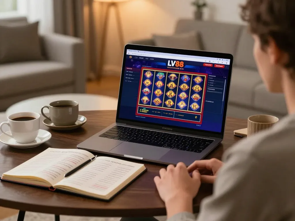 Person using LV88 online casino interface on laptop with strategic notes nearby