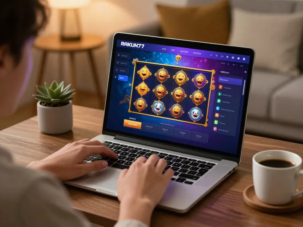 Pemain menikmati slot online RAKUN77 di setup laptop yang nyaman dengan pencahayaan hangat.