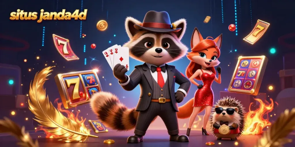 Menggenggam royal flush, situs janda4d menonjolkan suasana keberuntungan dengan karakter kartun 3D.