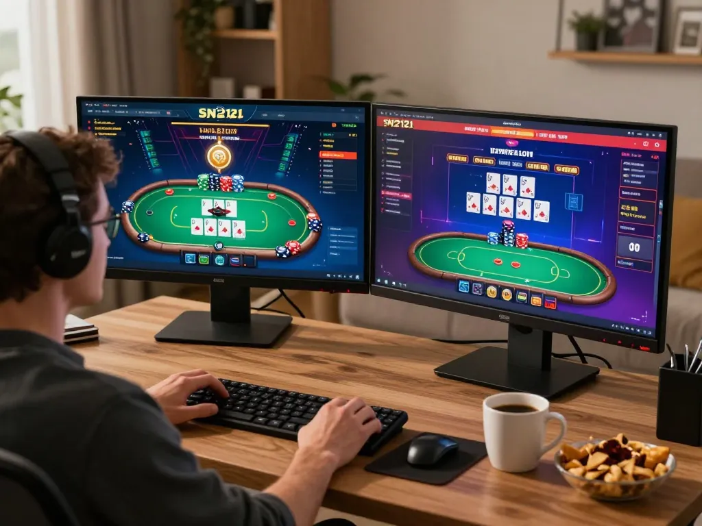 Pengalaman permainan online SN2121 yang menarik di rumah, menampilkan beberapa layar yang menunjukkan permainan poker dan dealer langsung.